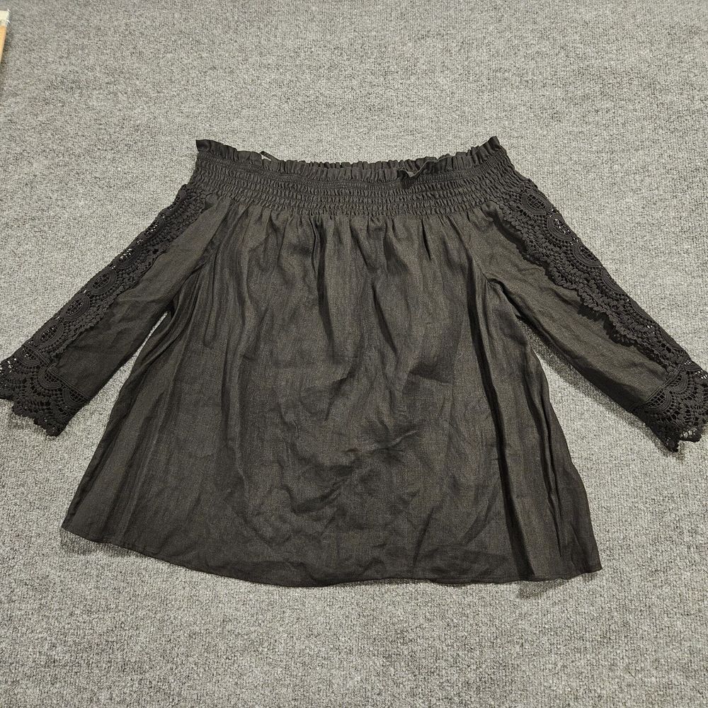 Chicos Linen Off The Shoulder Cutwork Blouse Smocked Neckline Black Size 14 - Picture 2 of 8